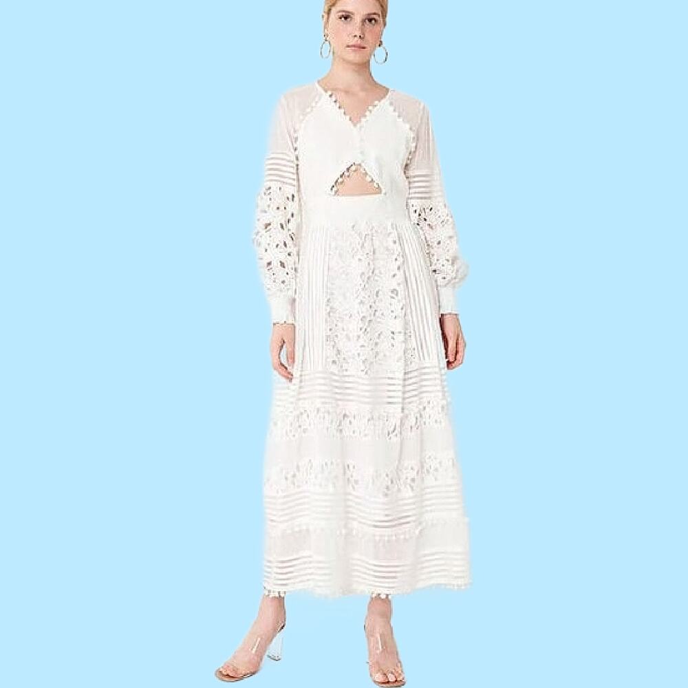 L'Atiste Pompom Lace Embellished Maxi Dress Small White Cutout Boho Wedding
